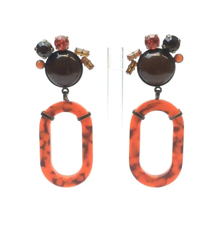 Boucles d’oreilles, cabochons en verre et strass marron roussi, pendants anneaux en résine orange volcanique