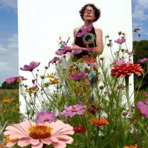 Claudine Vitry portrait dans un champ de cosmos et zinnias